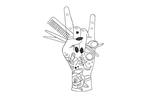 Hairdresser hand embroidery design showing a rock-on gesture with scissors in the thumb loop and a comb tucked between fingers, tattoo flash motifs covering the back of the hand.
