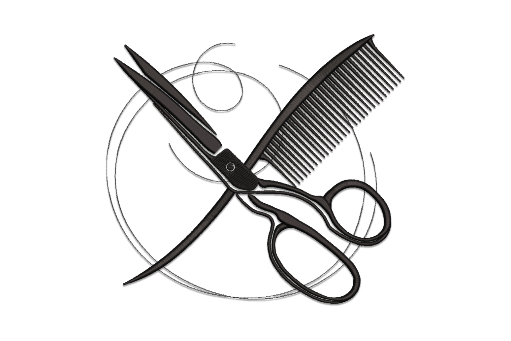 Hairdresser scissors and comb crossed inside a circle, fine-line black engraving embroidery