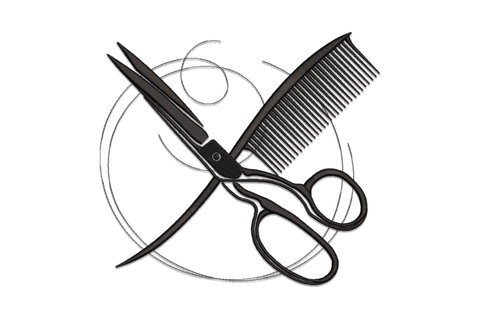 Hairdresser scissors and comb crossed inside a circle, fine-line black engraving embroidery