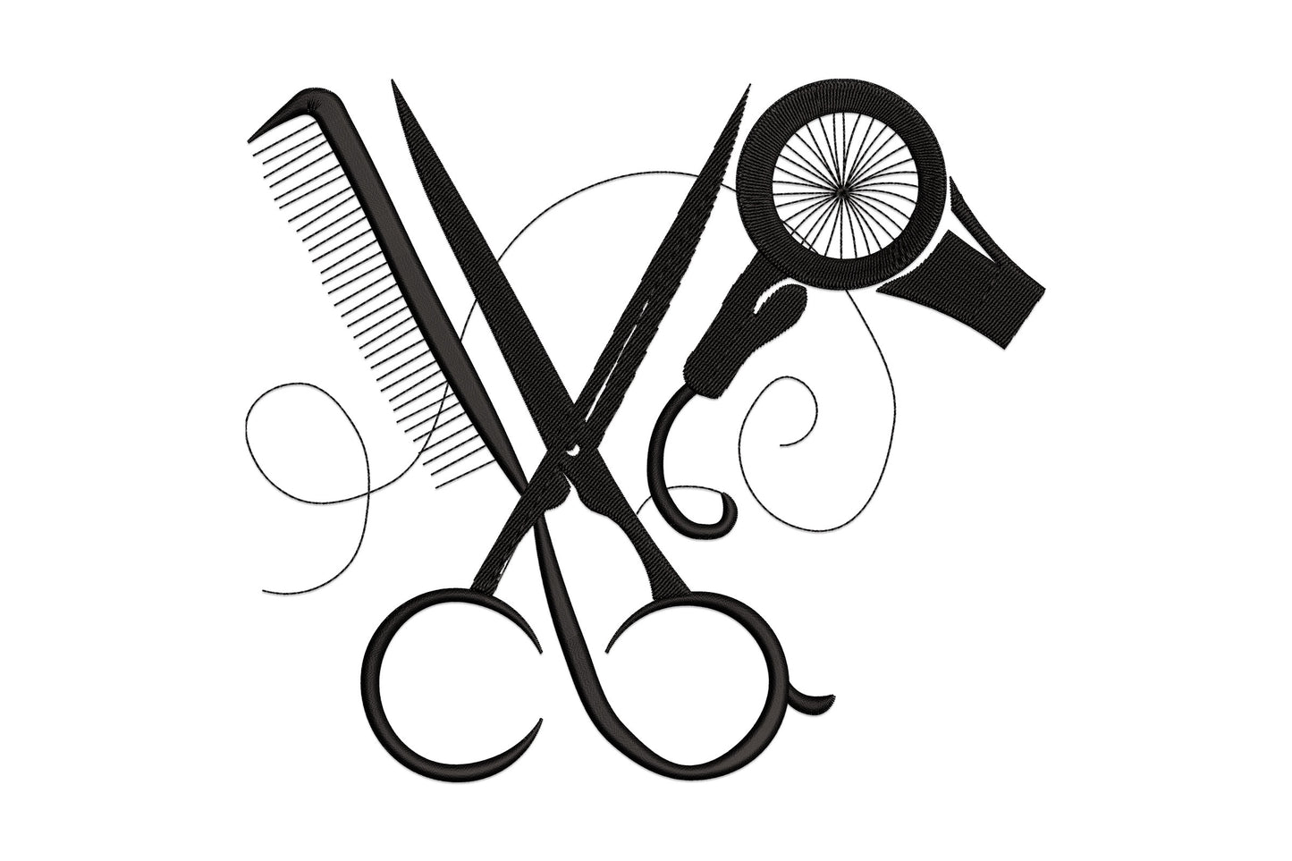 Hairdresser tools embroidery: comb, open scissors and round mirror in bold black with swirl flourishes.