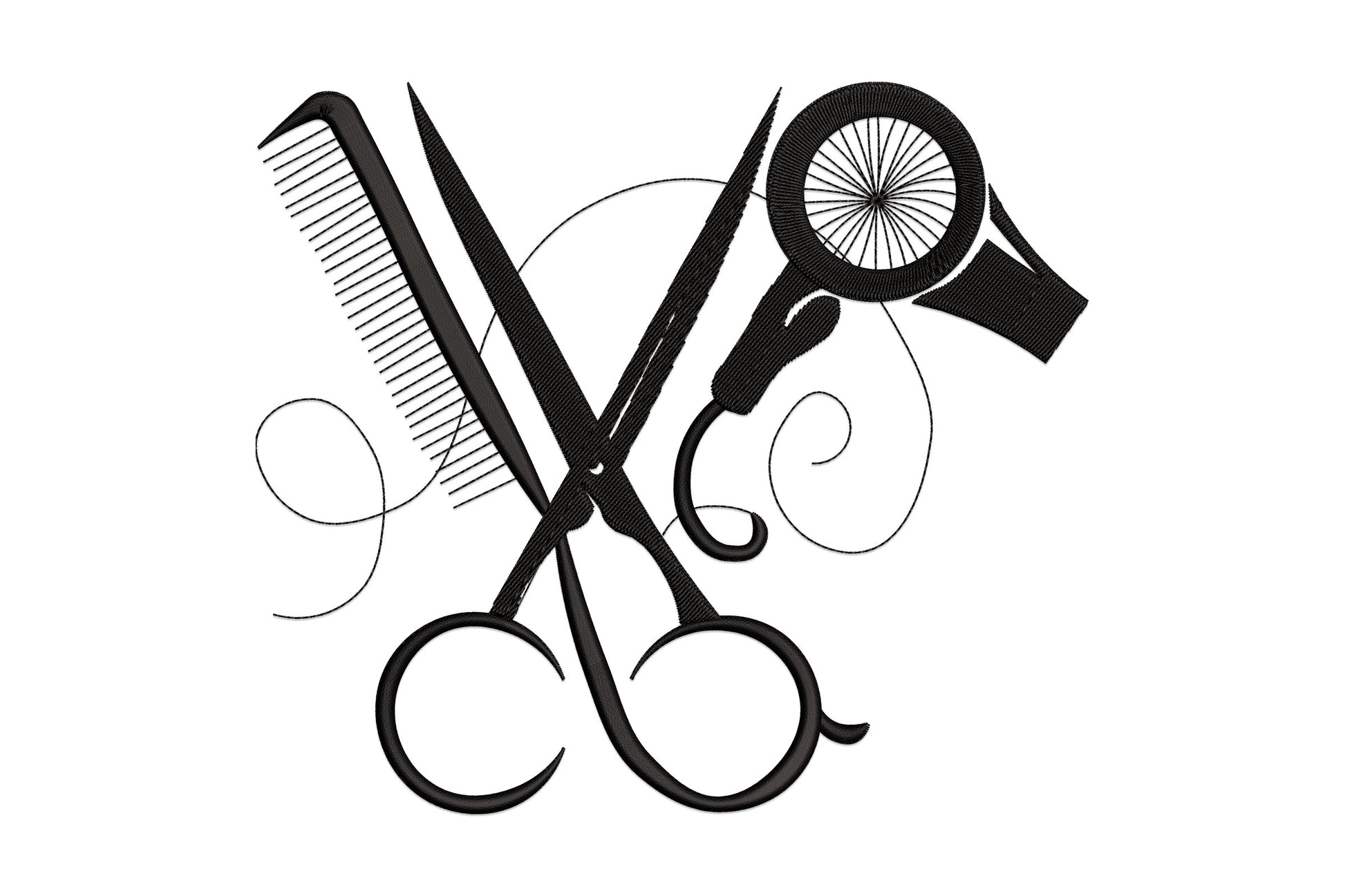 Hairdresser tools embroidery: comb, open scissors and round mirror in bold black with swirl flourishes.
