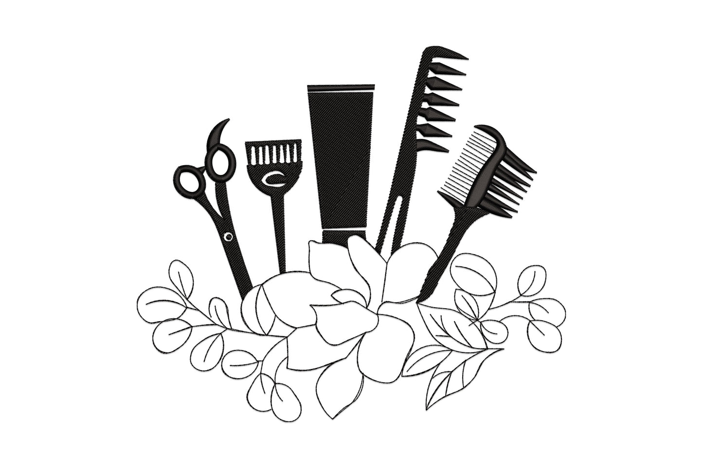 Hairdresser tools floral embroidery design with scissors, combs and a product tube fanning upward over outline magnolia flowers and branches, all in black.