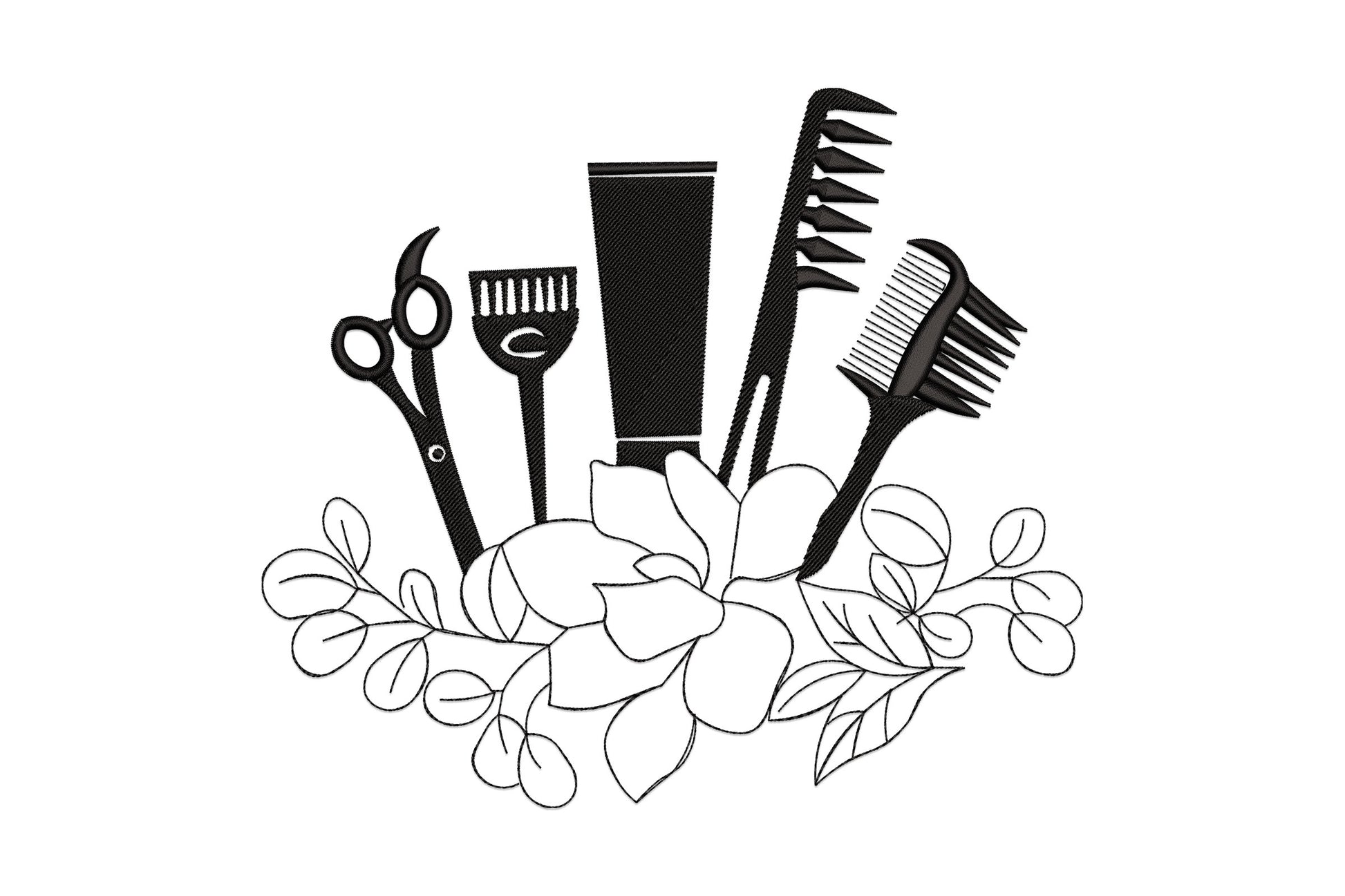 Hairdresser tools floral embroidery design with scissors, combs and a product tube fanning upward over outline magnolia flowers and branches, all in black.