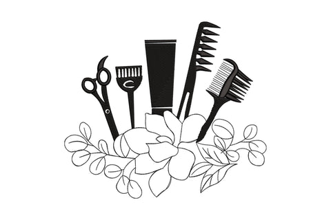 Hairdresser tools floral embroidery design with scissors, combs and a product tube fanning upward over outline magnolia flowers and branches, all in black.