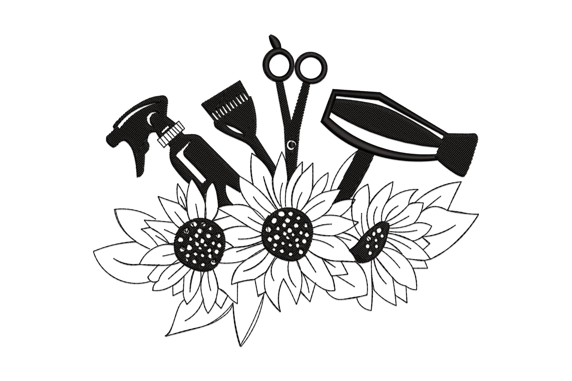 Hairdresser tools with sunflowers embroidery design, spray bottle, dye brush, scissors and hair dryer in solid black fanning over three outline sunflowers with dotted seed centres.