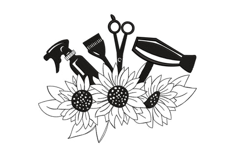Hairdresser tools with sunflowers embroidery design, spray bottle, dye brush, scissors and hair dryer in solid black fanning over three outline sunflowers with dotted seed centres.
