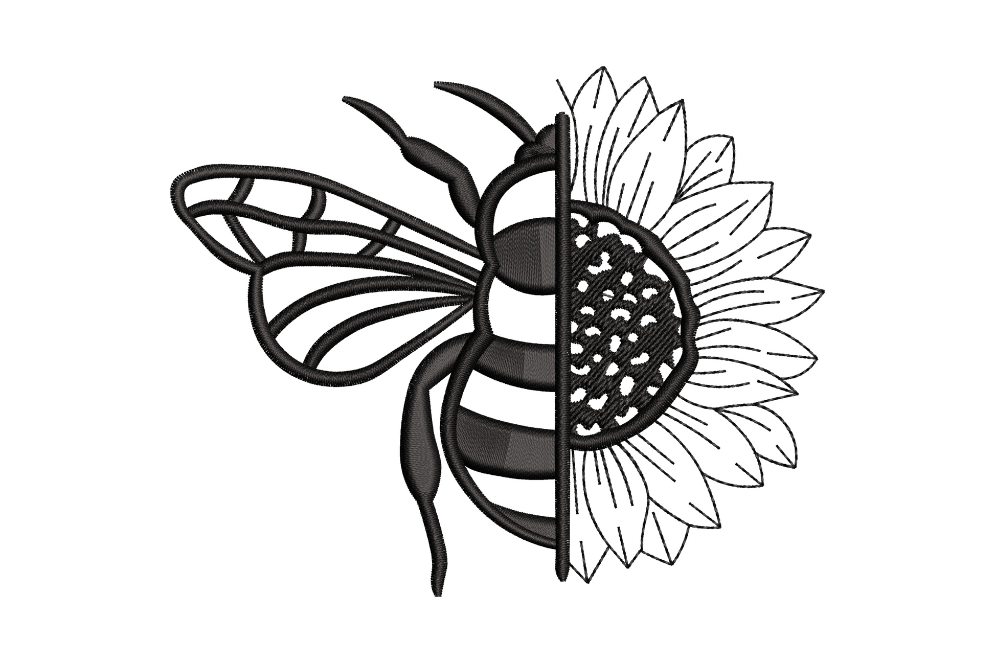 Half bee half sunflower black line art embroidery, split design with detailed bee wing cells on left and sunflower petals on right