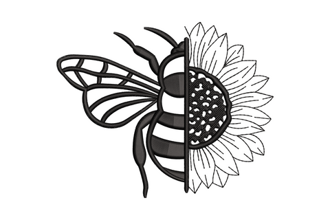 Half bee half sunflower black line art embroidery, split design with detailed bee wing cells on left and sunflower petals on right