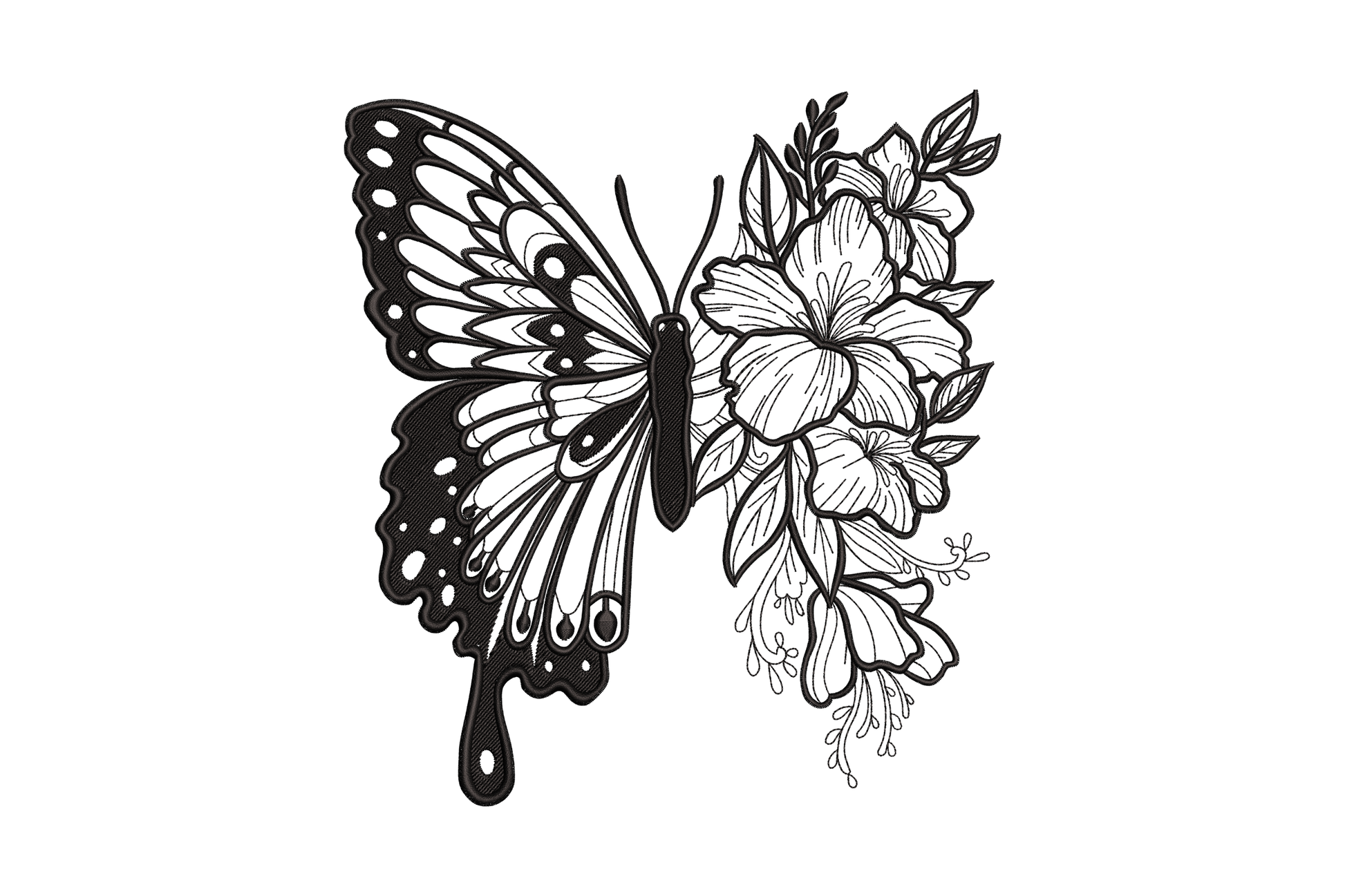 Split swallowtail butterfly and lily bouquet embroidery, dense satin wings beside open linework flowers, single black thread.