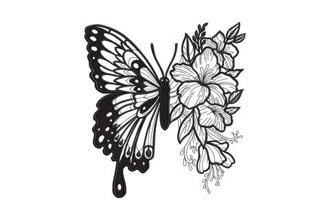 Split swallowtail butterfly and lily bouquet embroidery, dense satin wings beside open linework flowers, single black thread.