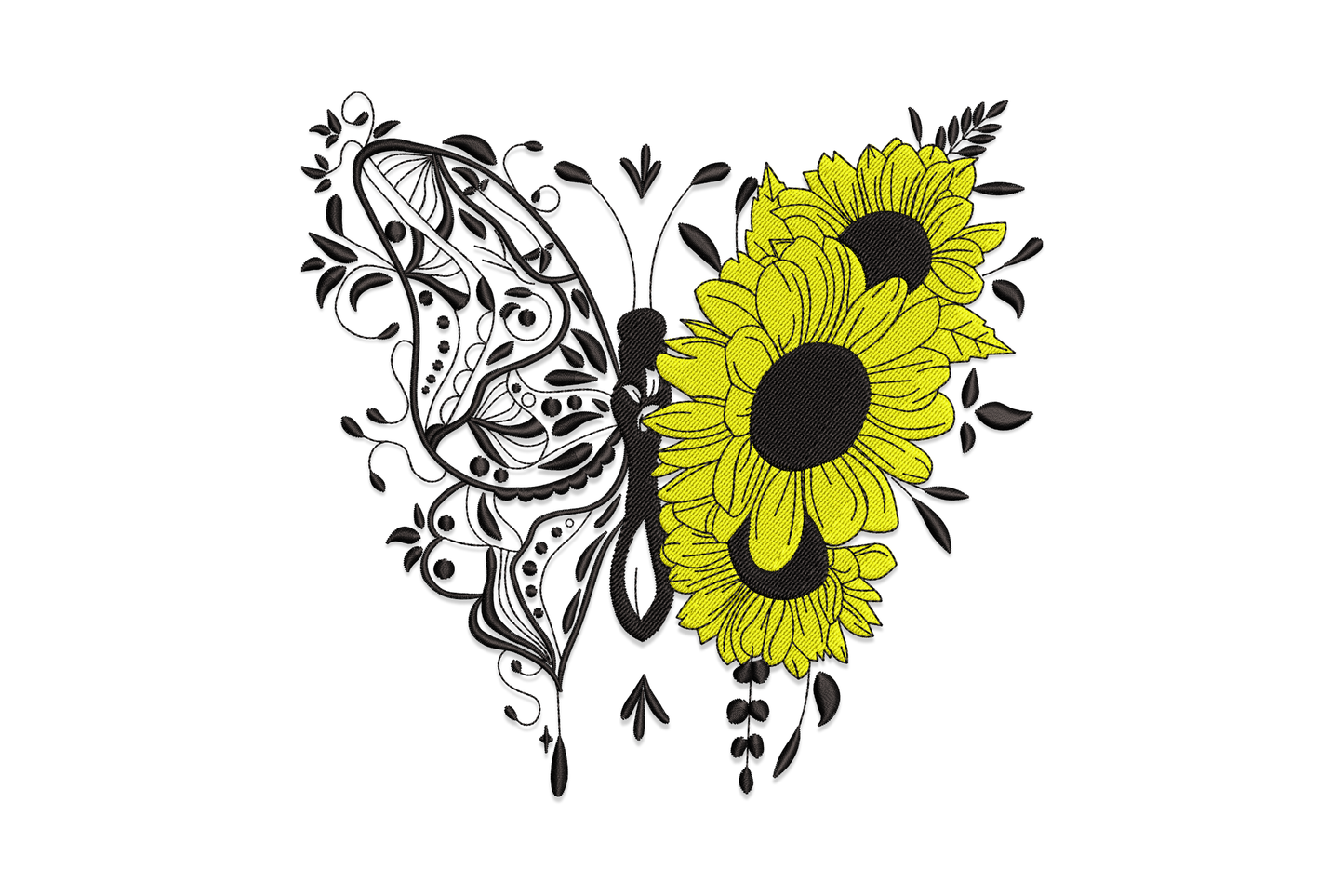 Half butterfly half sunflower embroidery design with intricate black filigree lace left wing and two bold yellow sunflowers replacing the right wing, black leaf sprigs at base.