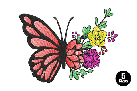 Half butterfly half floral bouquet embroidery design showing a pink monarch wing on the left and a garden flower arrangement on the right sharing one black butterfly body.