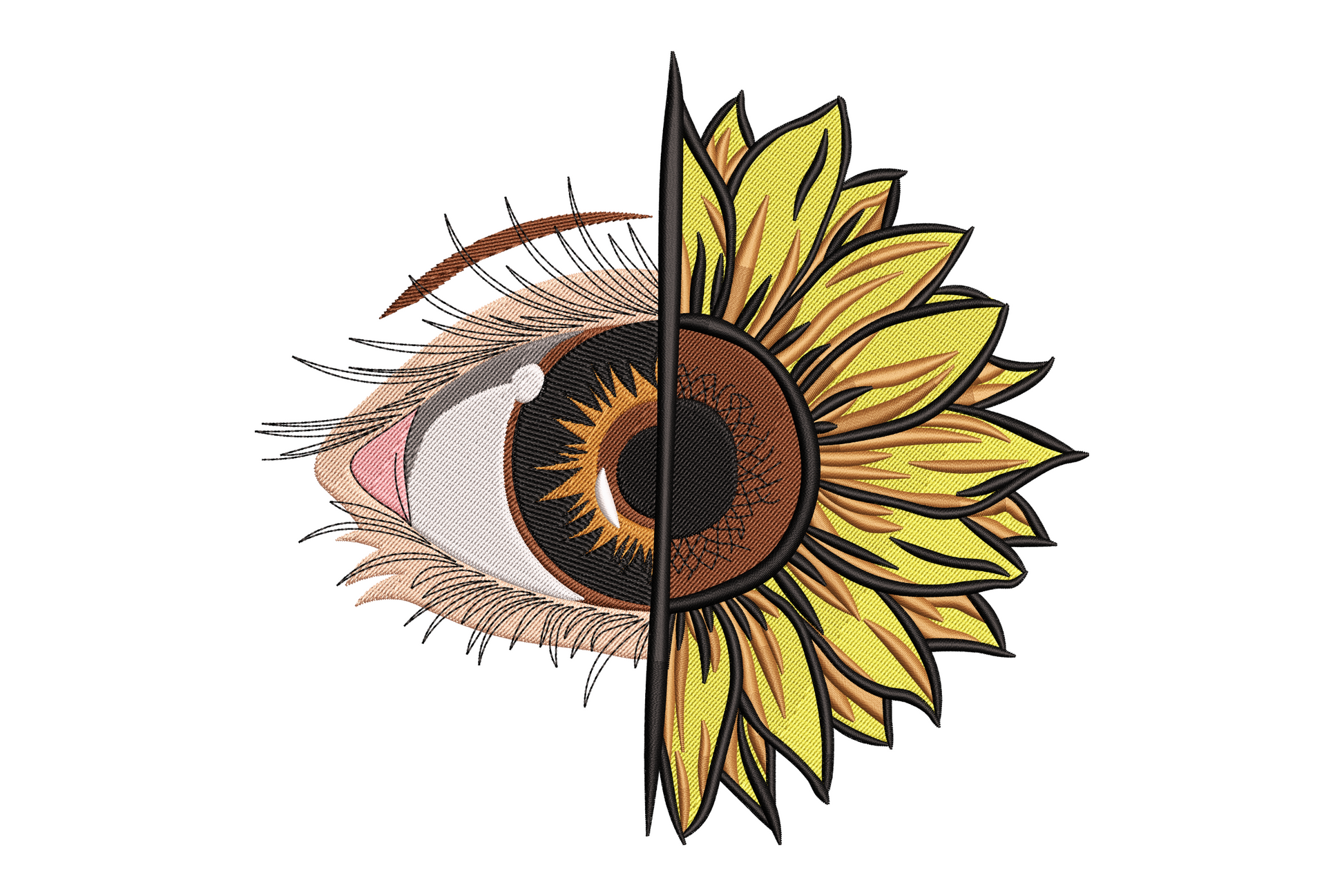 Abstract embroidery split vertically, realistic eye with lashes on left, sunflower petals on right, 9 colors in yellow, brown, peach and black