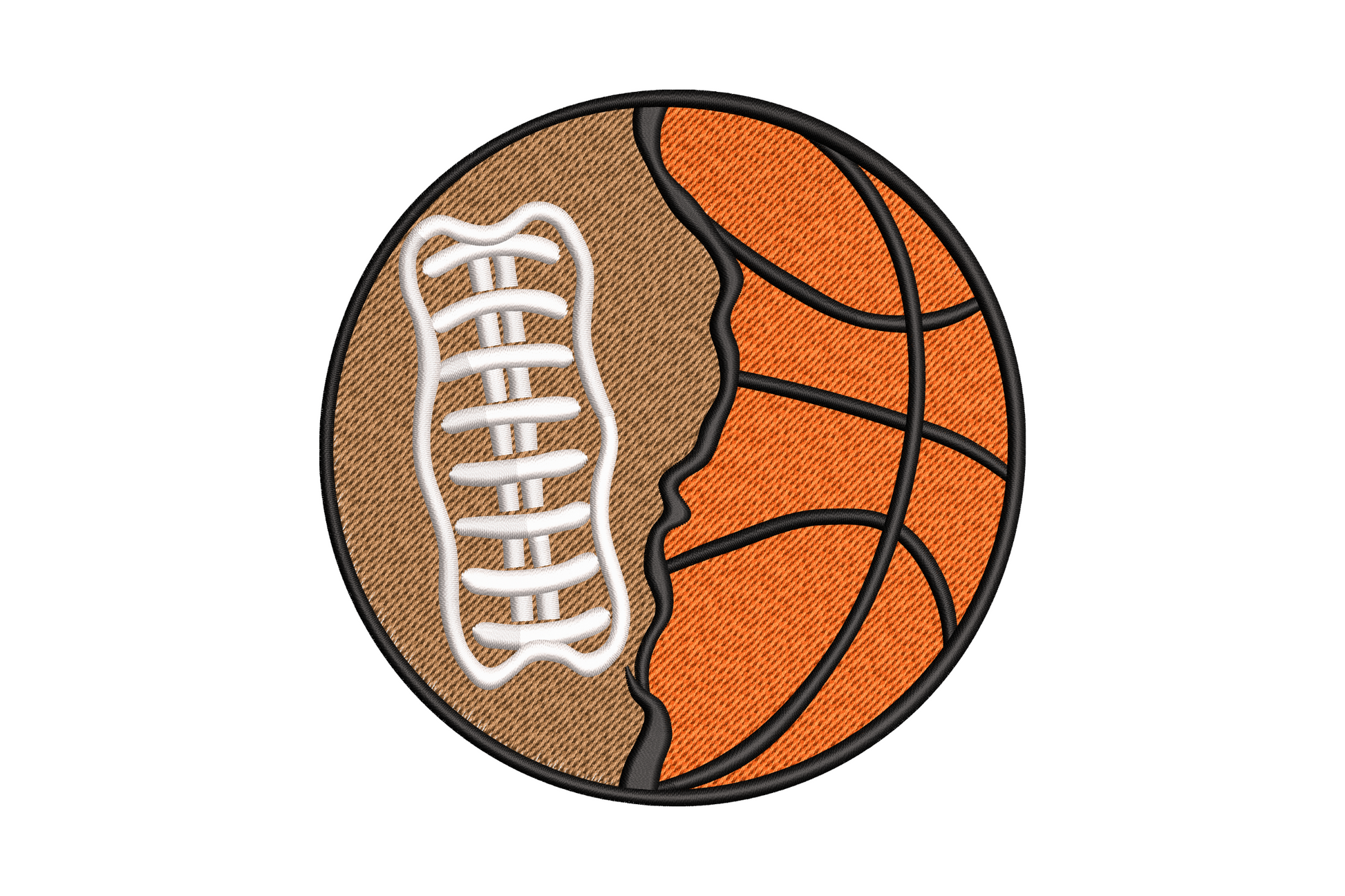 Half football half basketball split embroidery design, brown leather left half with white lacing, orange basketball right half with black markings.