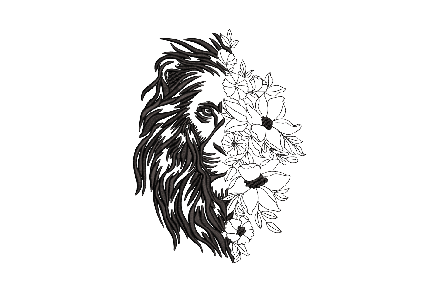 Half lion floral line art embroidery design, dense lion head on left dissolving into botanical flowers on right, single black thread, 5 sizes 4-8 inches, Wilcom EmbroideryStudio.