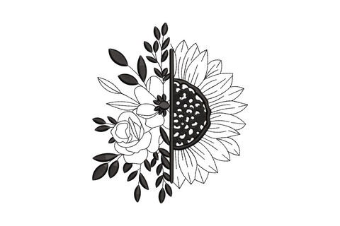 Half sunflower with roses and botanical spray embroidery design, black line art split composition with tatami fill sunflower centre
