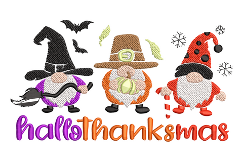 Three holiday gnomes embroidery design for halloween thanksgiving and christmas in a row, nine colors with hallothanksmas text below in purple orange and red