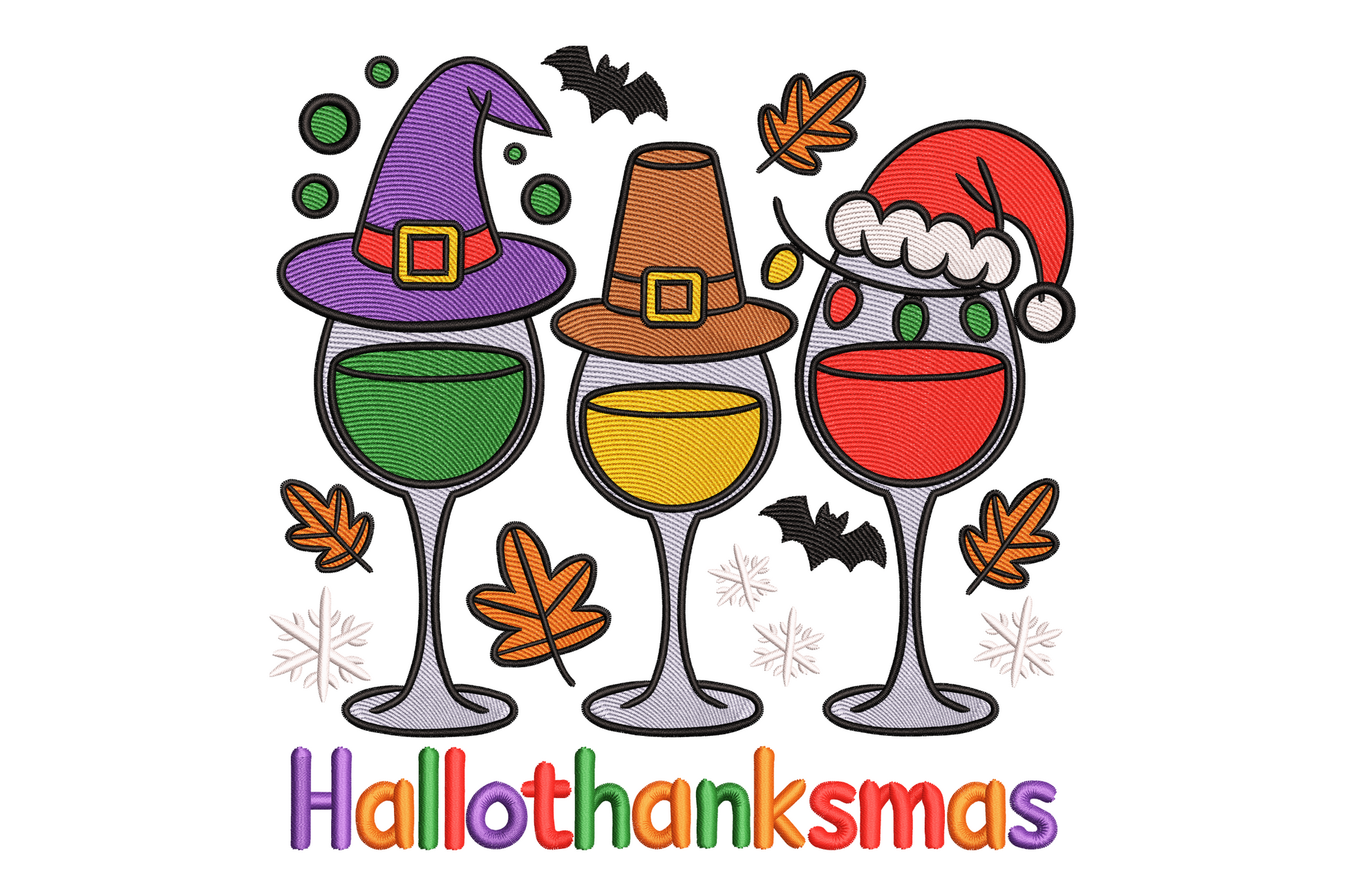 Hallothanksmas wine glasses embroidery design, three wine glasses with witch pilgrim and santa hats, autumn leaves bats lights and lettering