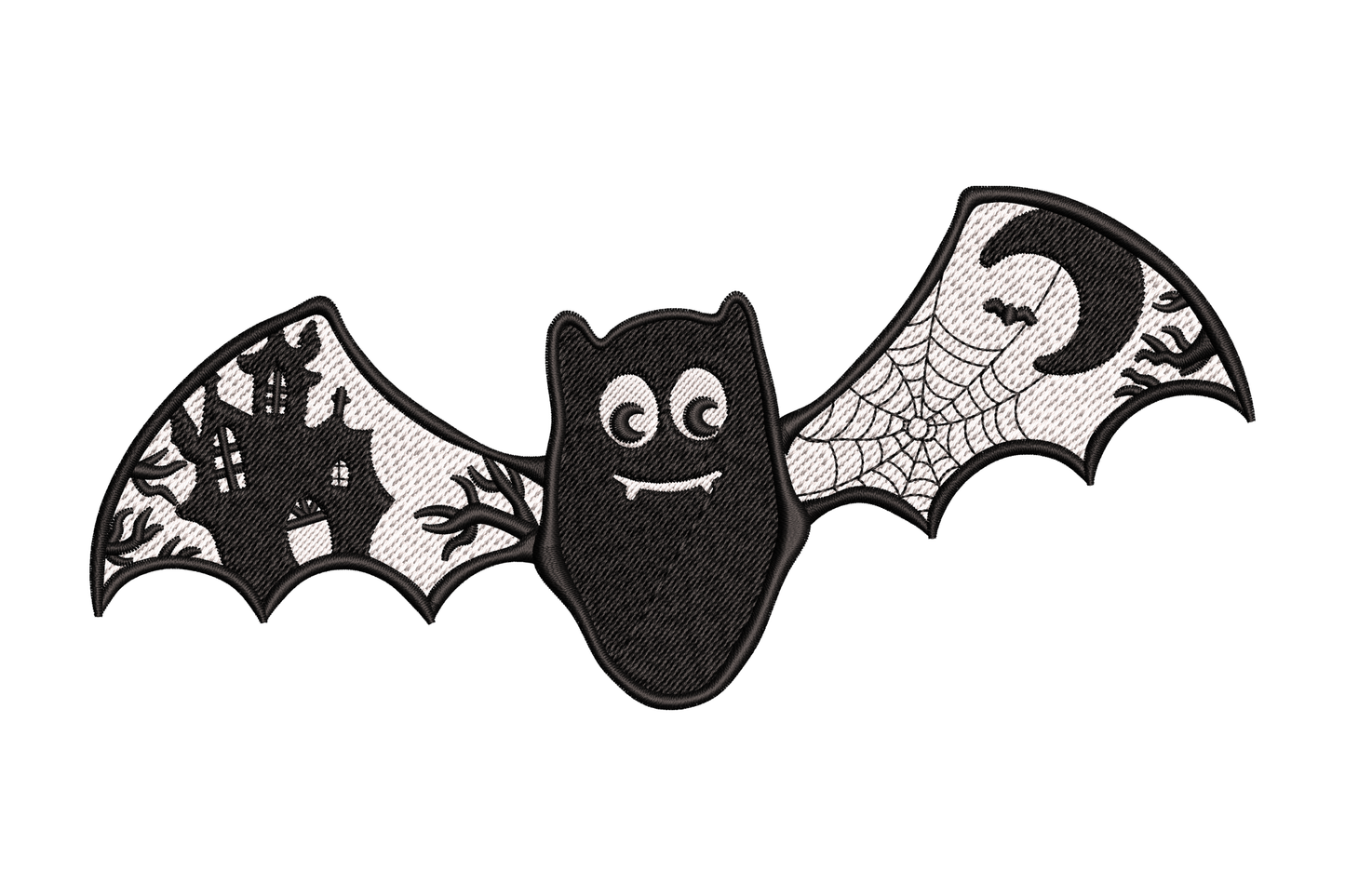 Embroidered smiling black halloween bat with wide wings showing haunted house on left and moon over spider web on right
