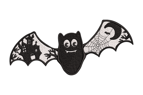 Embroidered smiling black halloween bat with wide wings showing haunted house on left and moon over spider web on right