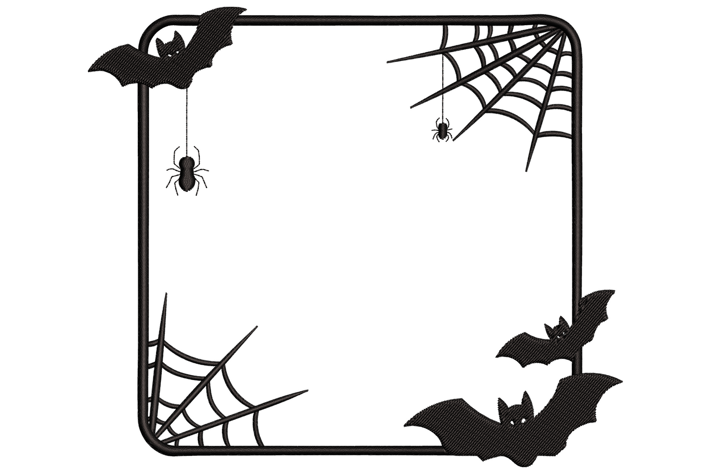 Halloween bat and spider web frame embroidery, rounded square black border with bats, cobwebs and dangling spiders, 9 sizes.