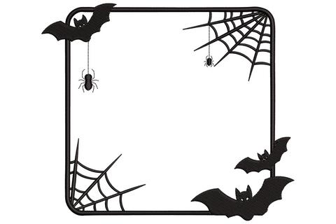 Halloween bat and spider web frame embroidery, rounded square black border with bats, cobwebs and dangling spiders, 9 sizes.