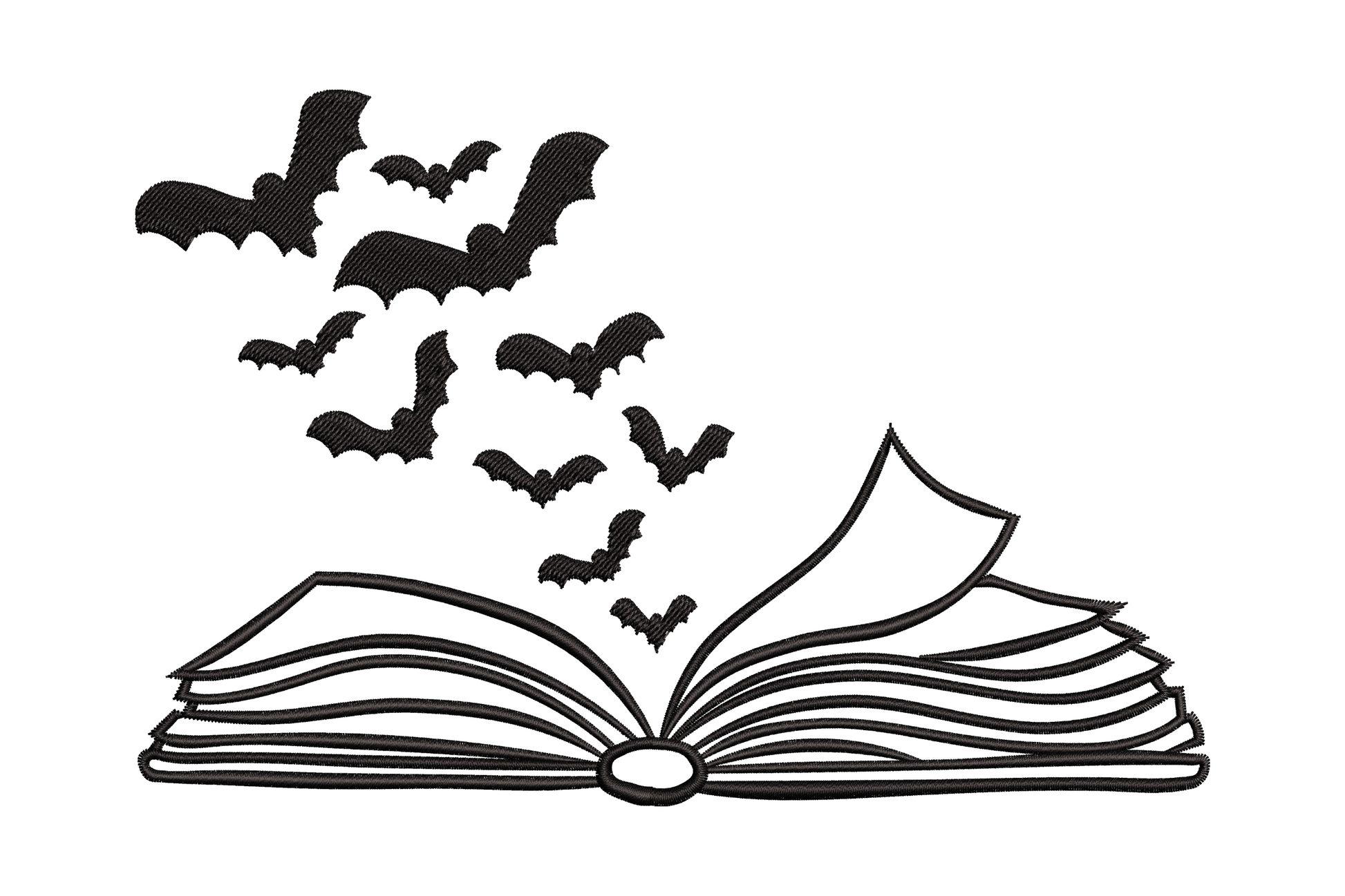 Halloween bats and open book embroidery design with a swarm of black bats flying up from the pages of a fanned-open hardback book.