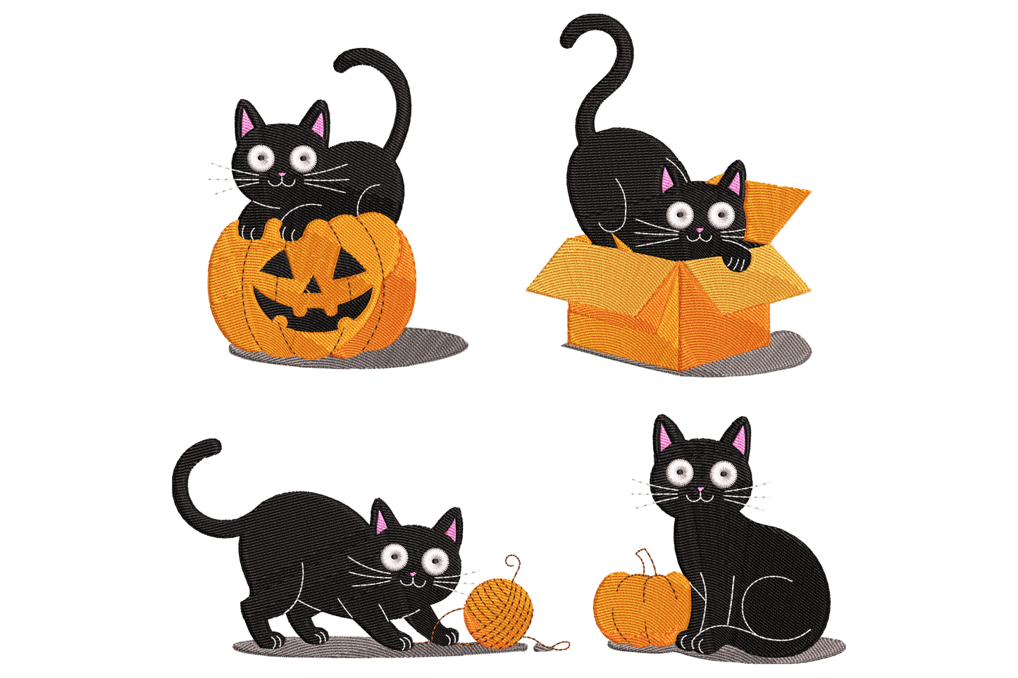 Halloween Black Cat embroidery design, seated black cat character with witch hat and glowing amber eyes, eight-colour spooky theme, 3.5 by 3.38 inch near-square format.
