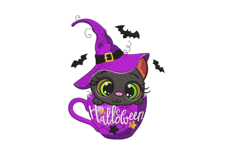 Halloween embroidery design with a wide-eyed black kitten inside a purple mug, wearing a witch hat, with bats and white Halloween lettering.