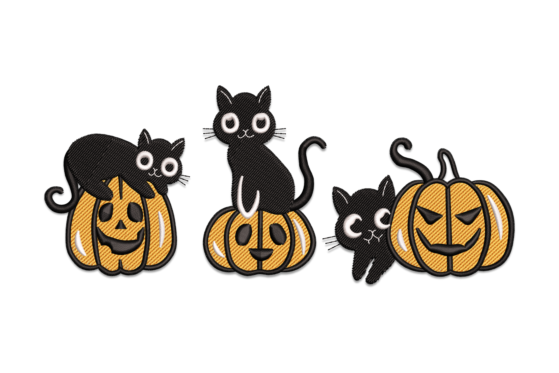 Halloween black cats with pumpkins embroidery, three cats and carved jack-o-lanterns in a row, orange black and white.