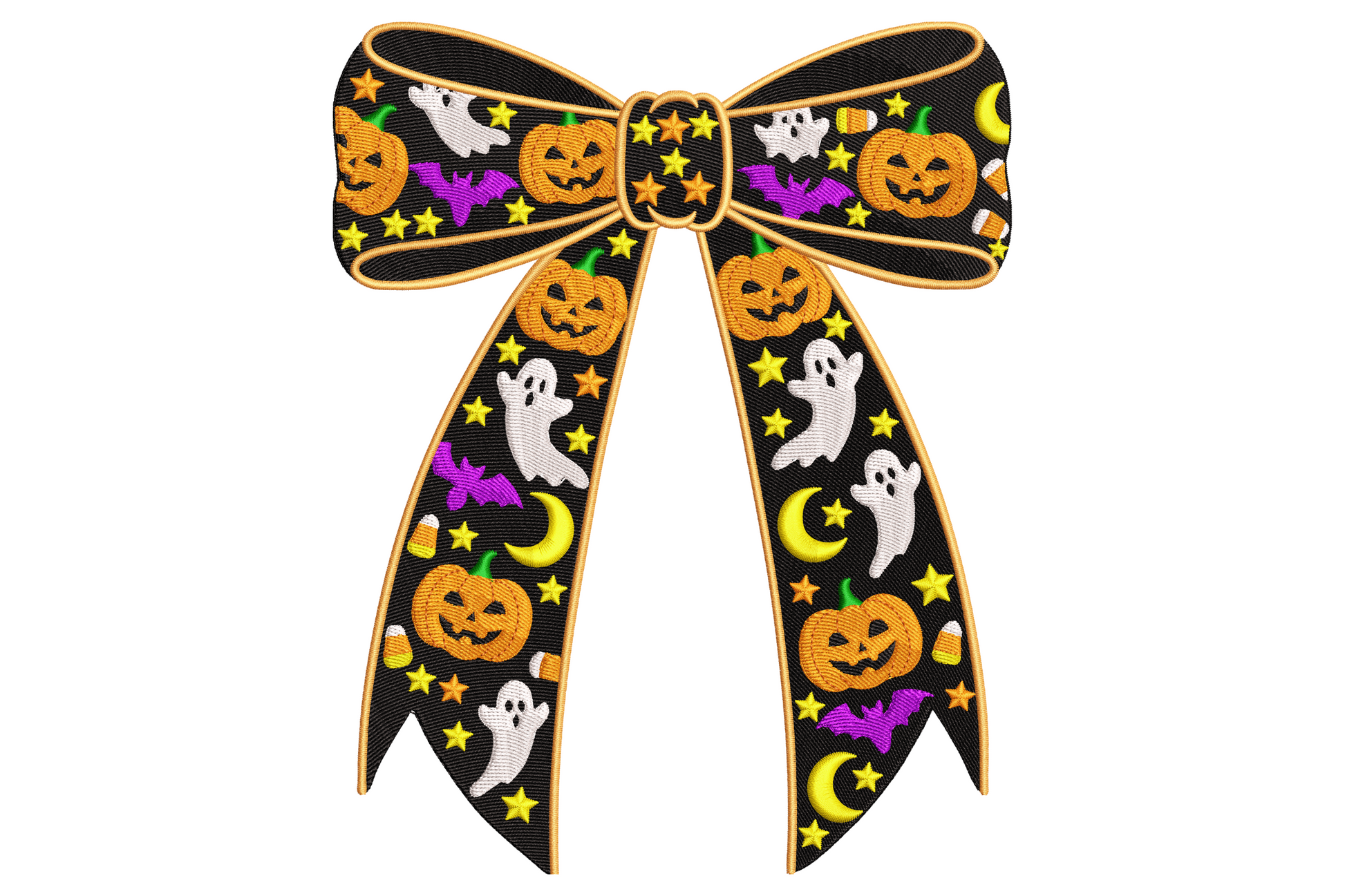 Halloween bow embroidery with looped orange and black ribbon covered in pumpkins ghosts and skulls