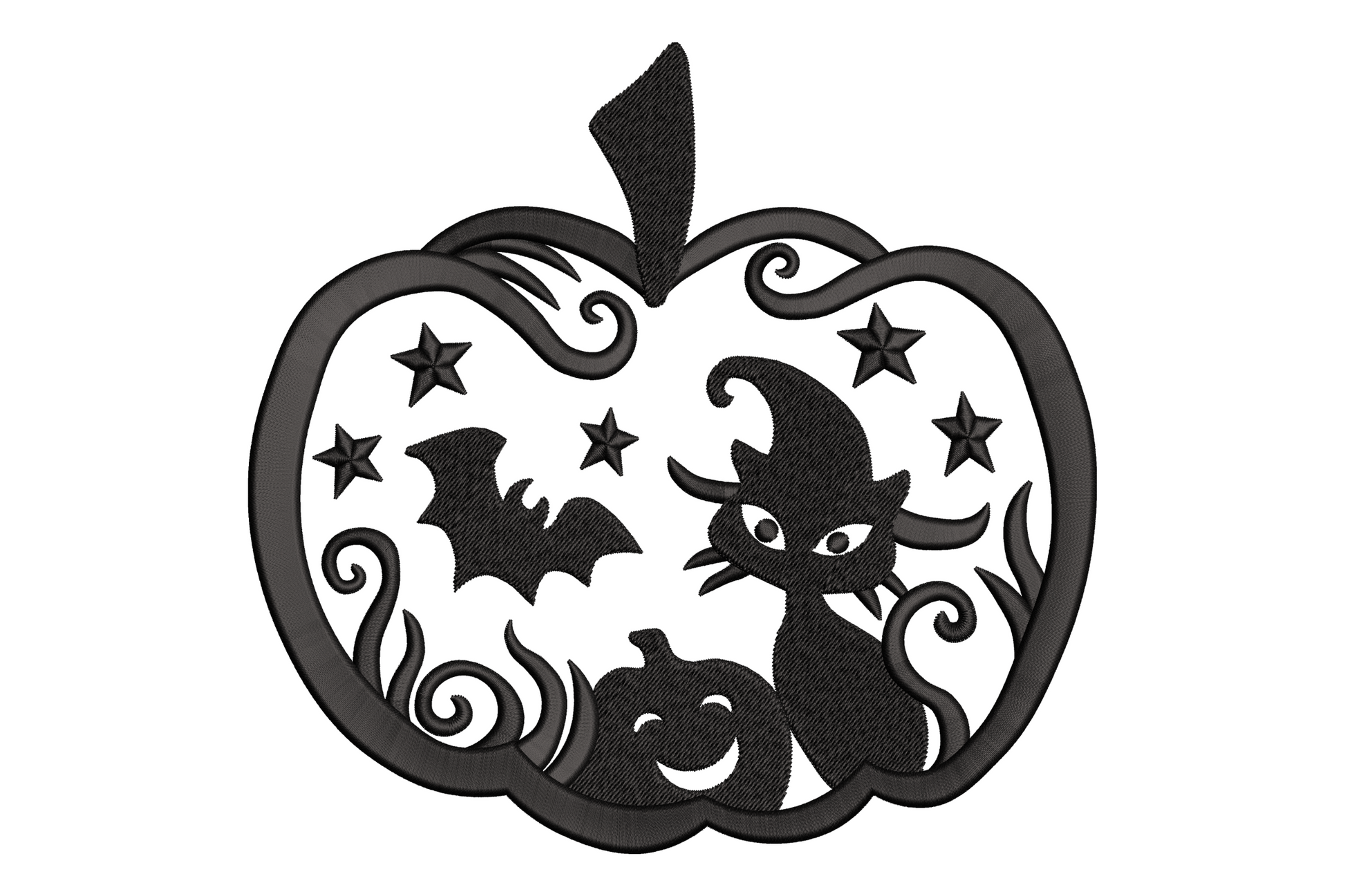 Halloween cat silhouette pumpkin embroidery design showing a solid black scene with witch cat, flying bat, small jack-o-lantern, stars and scrolls framed inside a pumpkin outline on white background