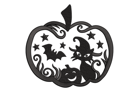 Halloween cat silhouette pumpkin embroidery design showing a solid black scene with witch cat, flying bat, small jack-o-lantern, stars and scrolls framed inside a pumpkin outline on white background
