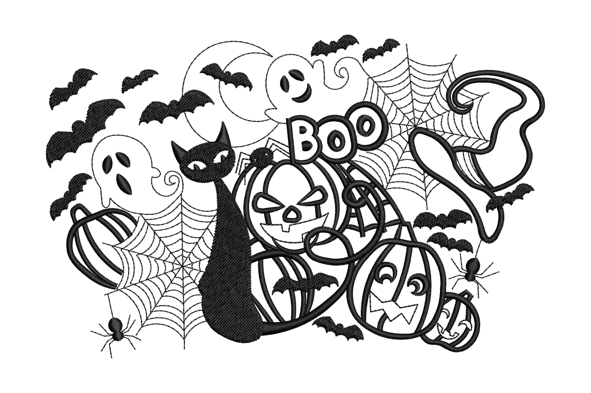 Halloween cat pumpkins Boo scene embroidery wide panorama with crescent moon ghosts bats and spider webs in single black thread, 5 sizes up to 4.9 inches wide