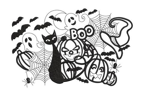 Halloween cat pumpkins Boo scene embroidery wide panorama with crescent moon ghosts bats and spider webs in single black thread, 5 sizes up to 4.9 inches wide