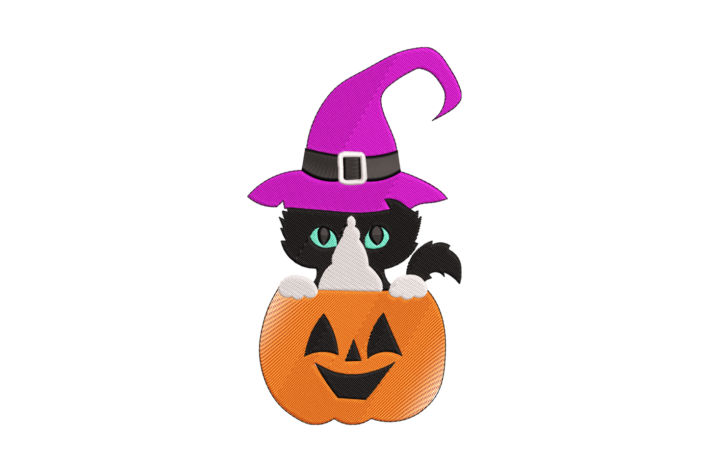 Halloween cat in pumpkin embroidery design with black cat in purple witch hat peeking over an orange carved jack-o-lantern.