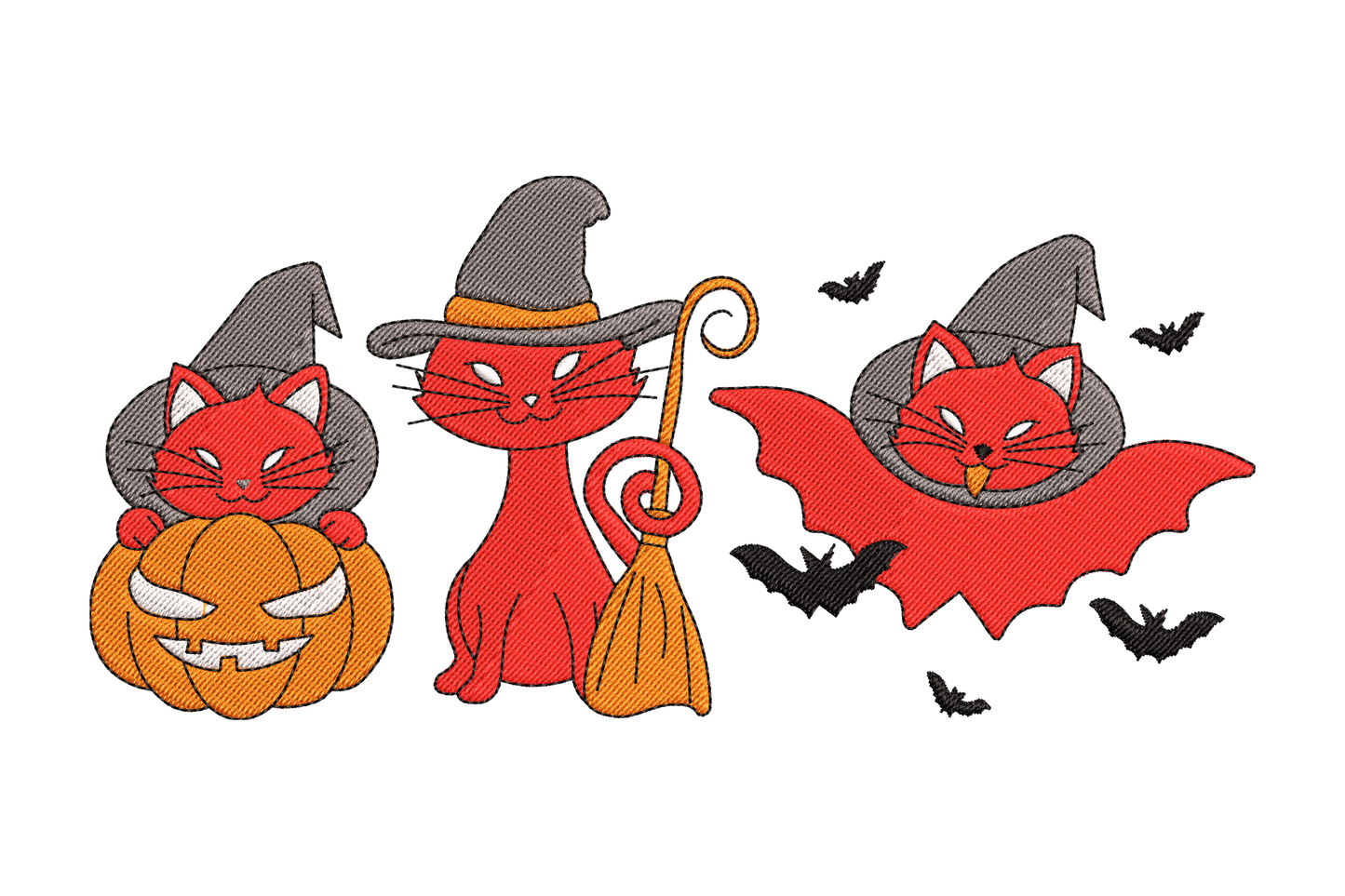 Halloween cats trio embroidery design with three costumed cats in a row: a pumpkin cat, a witch cat with broom, and a vampire cape cat with bats.