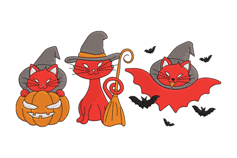 Halloween cats trio embroidery design with three costumed cats in a row: a pumpkin cat, a witch cat with broom, and a vampire cape cat with bats.