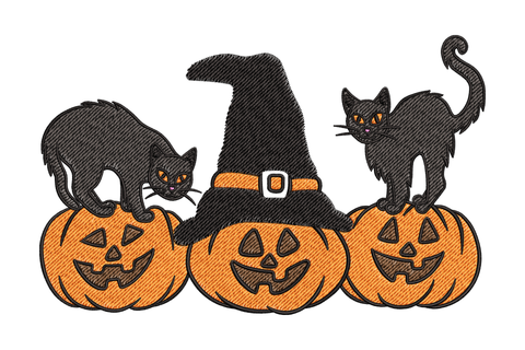 Halloween cats with witch hat embroidery design, three jack-o-lanterns with two black cats and a buckled hat on top.