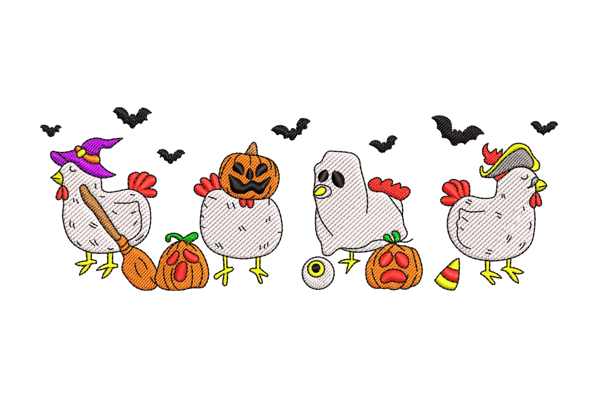 Halloween chickens embroidery design showing four costumed cartoon farm birds in a row with carved pumpkins and black bats, 9 colours.