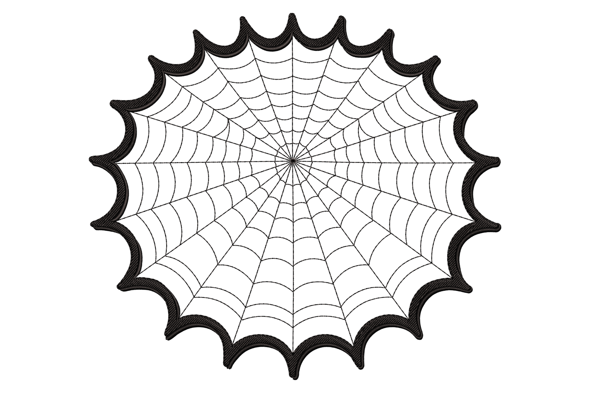 Halloween cobweb embroidery design, delicate single-colour spider web with radiating spokes, open line work, 3.5 inches wide, seasonal machine embroidery.