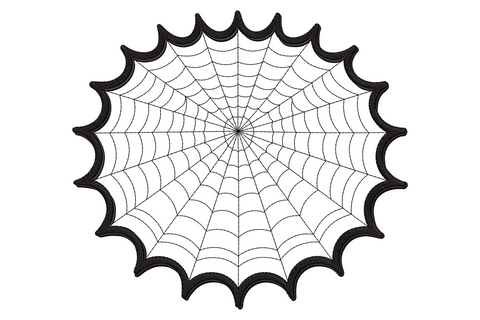 Halloween cobweb embroidery design, delicate single-colour spider web with radiating spokes, open line work, 3.5 inches wide, seasonal machine embroidery.