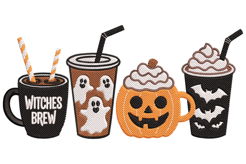 Halloween coffee drinks embroidery row showing witches brew mug, ghost iced coffee, pumpkin latte and bat frappuccino in black and orange.