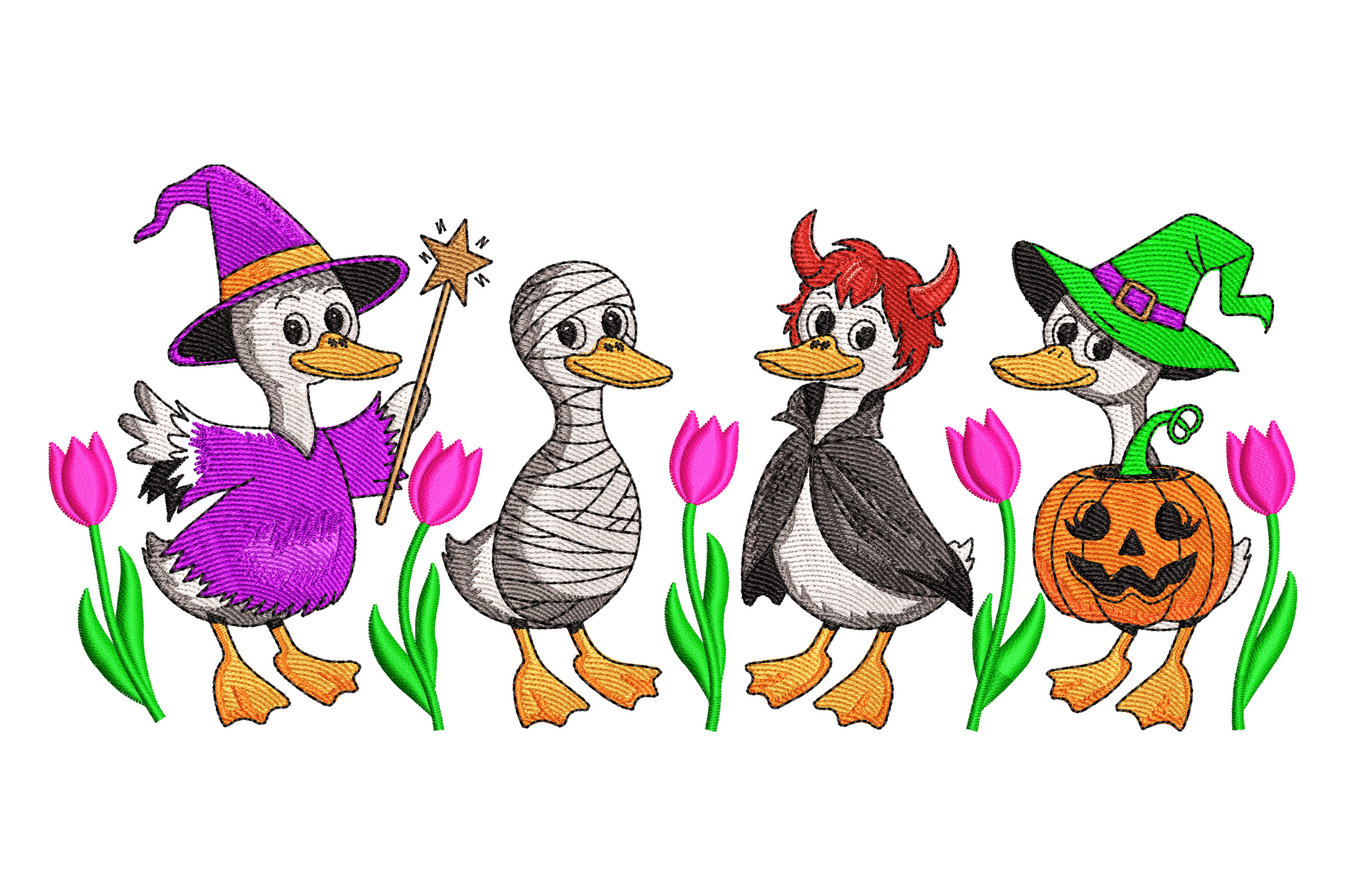 Row of cartoon ducks dressed in halloween costumes including pumpkin, ghost and witch hat outfits, bright multicolour flat cartoon style machine embroidery design.