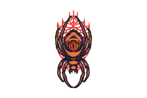 Halloween eyeball spider embroidery design with bloodshot orange iris body, jagged black legs and red veining details.