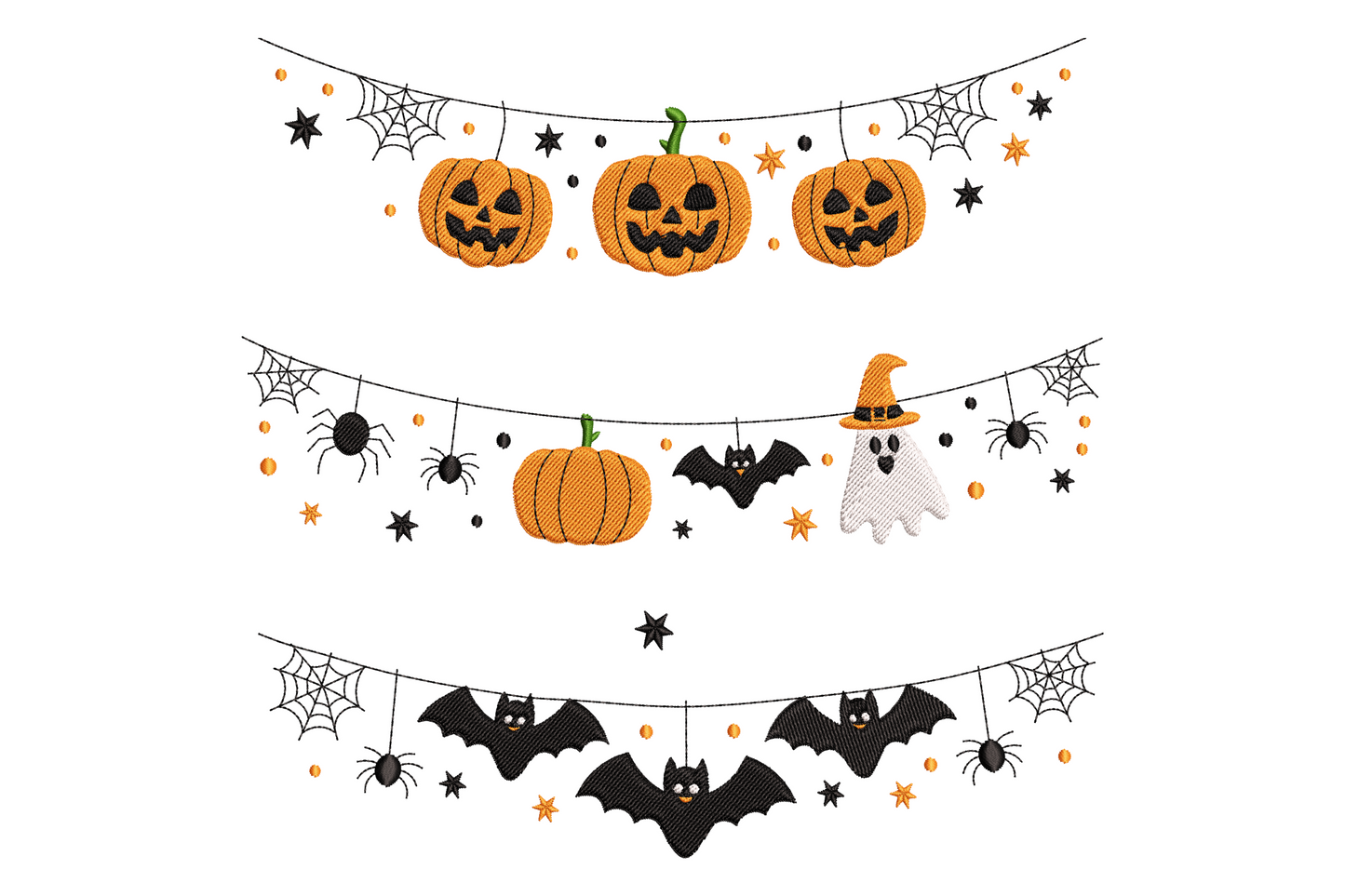 Halloween garland embroidery design showing bats, jack-o-lantern, ghost, and spider in a horizontal banner row, four colours, flat cartoon style, 3.5 inches wide.