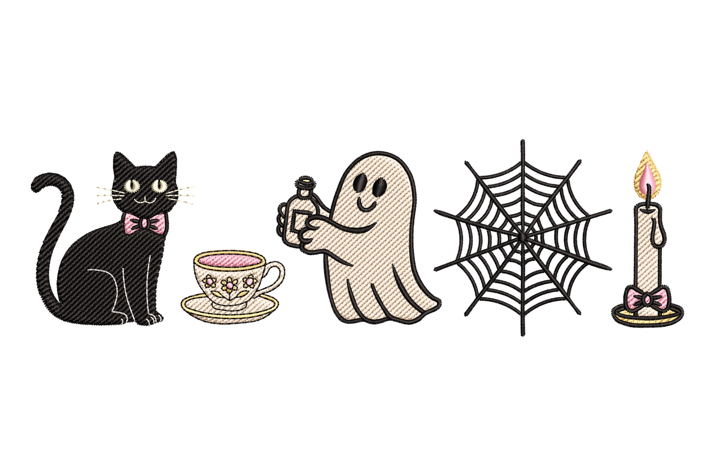 Row of kawaii ghost cats seated at tiny tea party setting, slim horizontal banner design, cream white with pastel orange and teal teacups, sweet halloween style.