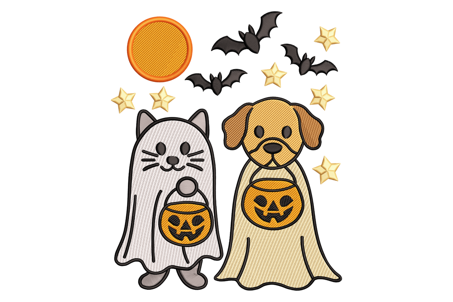 Halloween ghost cat and dog pair with detailed nine-colour design, white ghost shapes with cat ear points and floppy dog ears, orange purple black accent palette, machine embroidery.