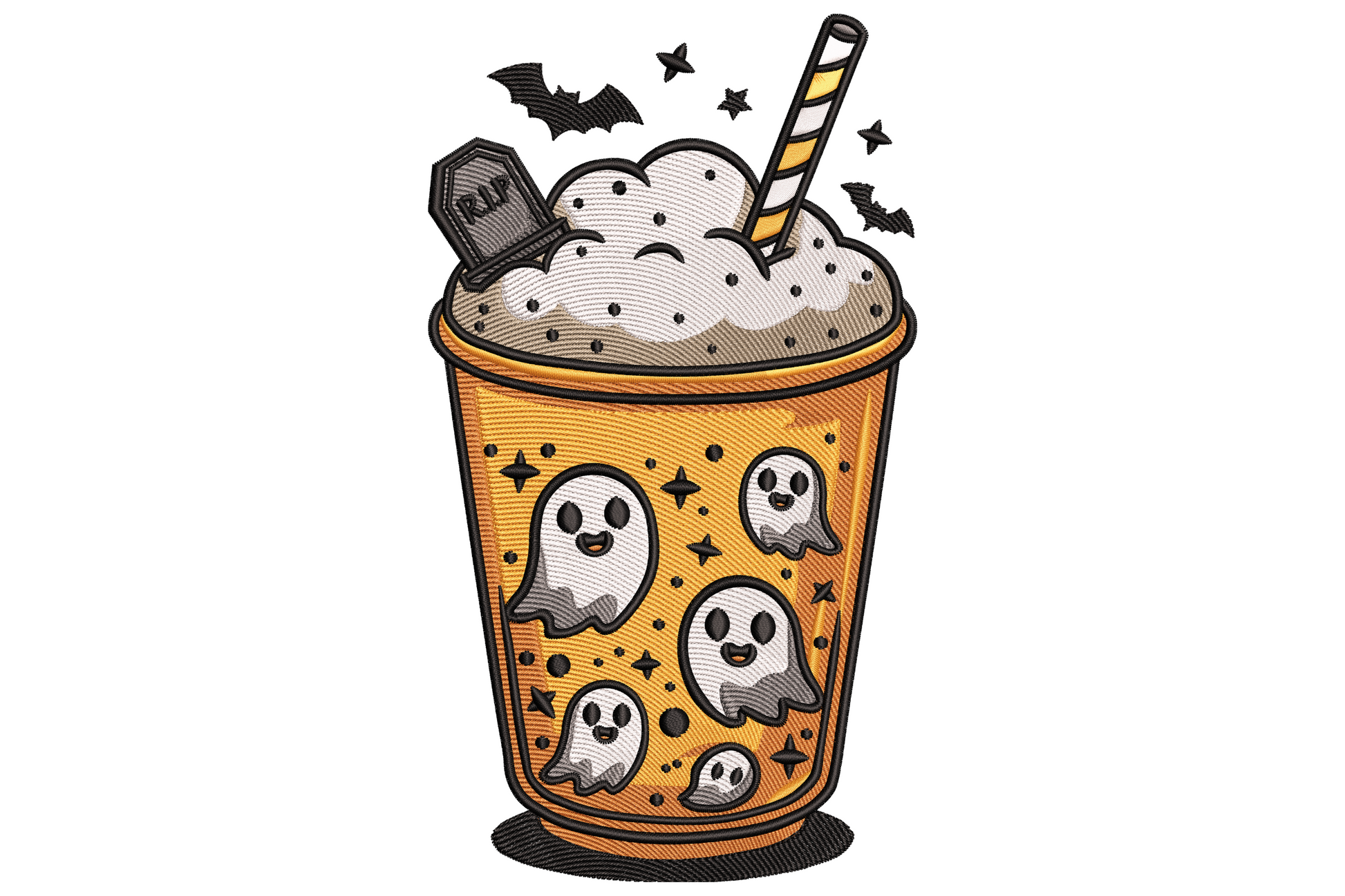 Halloween ghost drink embroidery design showing a cute orange bubble-tea style cup with ghost faces, RIP gravestone, striped straw and flying bats.