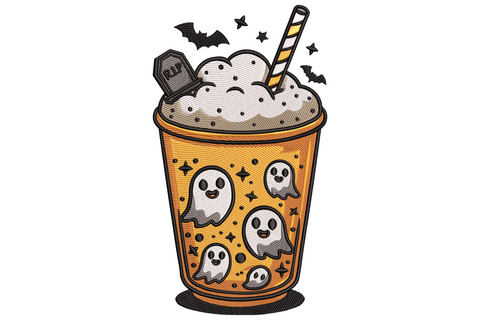 Halloween ghost drink embroidery design showing a cute orange bubble-tea style cup with ghost faces, RIP gravestone, striped straw and flying bats.